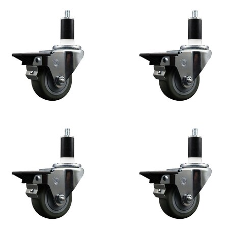 Service Caster 3'' Gray Poly Swivel 1-3/8'' Expanding Stem Caster Set with Brake, 4PK SCC-EX20S314-PPUB-PLB-138-4